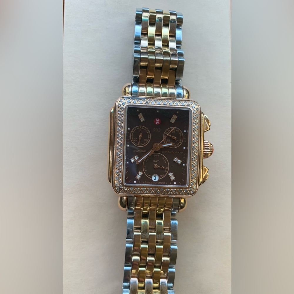 Michele Art Deco Watch w .66 Diamonds Brown Face- Two tone